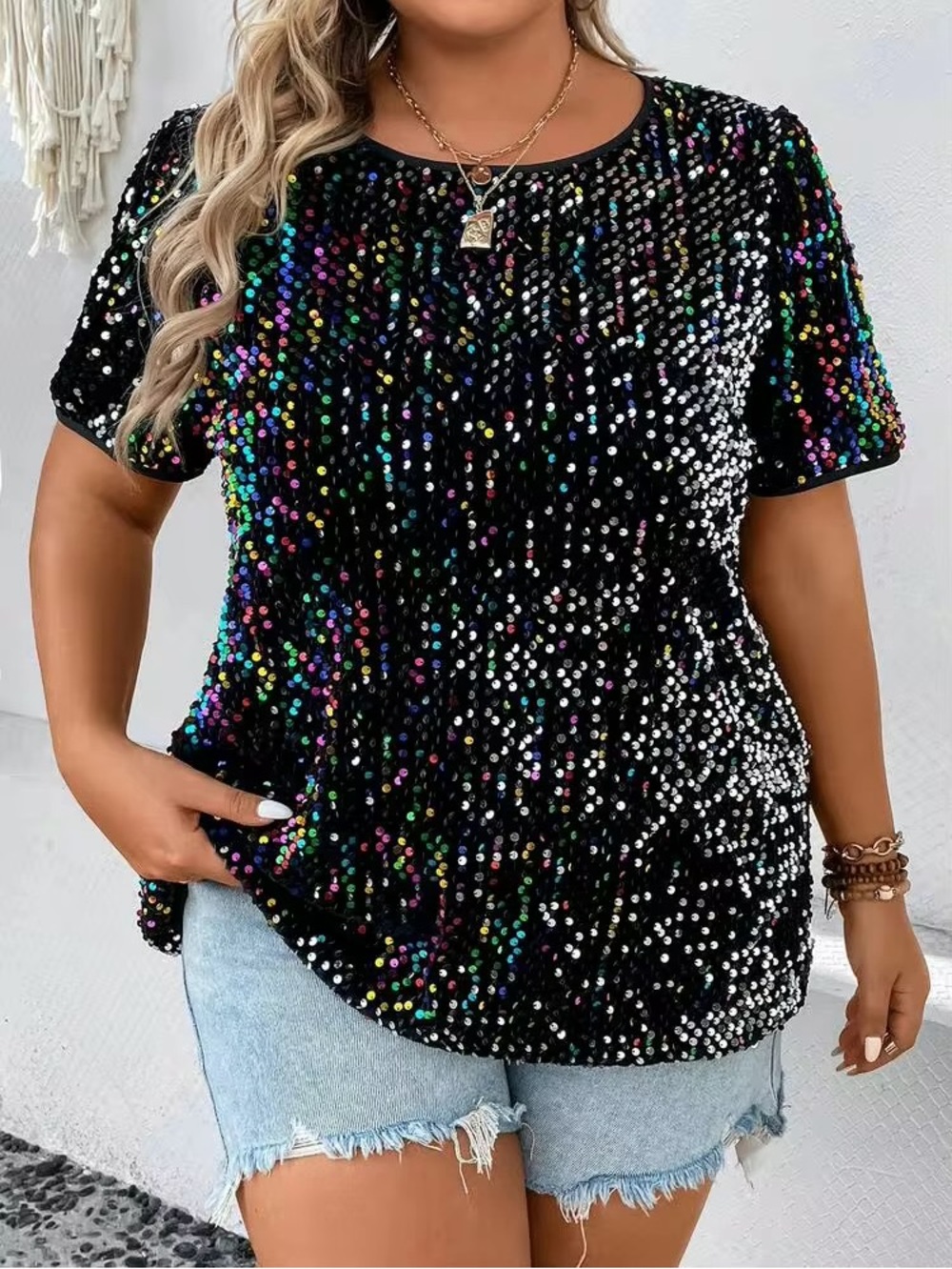 SHEIN Black Multicolor Sequin Short Sleeve Tee